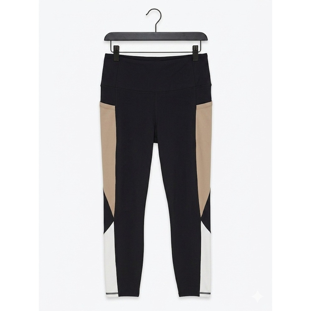Gaiam Womens Colorblock Yoga Leggings Black Tan White Side Pockets Size Large